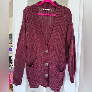 Burgundy Chunky Knit Cardigan Sweater with V-Neck